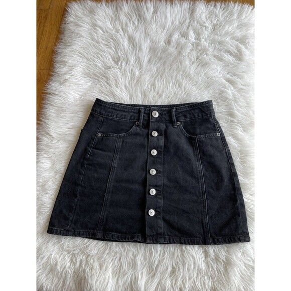 American Eagle AE Size 0 Black Hi Rise Mini Skirt Jan Skirt Button Front Denim - Picture 2 of 6